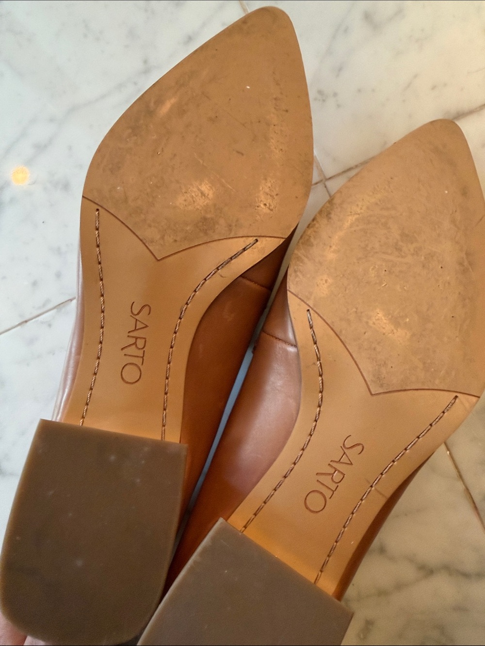 SARTO By Franco Sarto Cognac Pointed Toe Loafers w/ Gold Heel - Picture 6 of 7